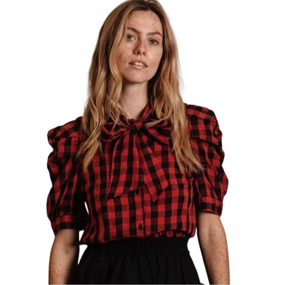 The Shirt by Rochelle Behrens The French Bow Shirt in Red/Black Size XS - Picture 2 of 7